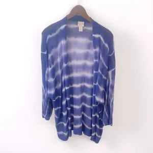 Chico’s Farida Tie Dye Linen Open Mesh Knit Cardigan Womens M Blue Coastal Boho thumbnail 2