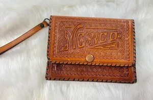 Vintage Tooled Leather Clutch Wallet MEXICO‎ Wrist Strap Brown Snap Closure thumbnail 1