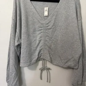 OFFLINE by Aerie Gray Knit Cropped Top Size Large Drawstring Ruched Thumb Holes thumbnail 2
