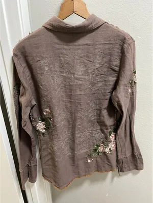 Y2K De Sport Aziza Brown Button Up Shirt Boho Embroidered M thumbnail 3