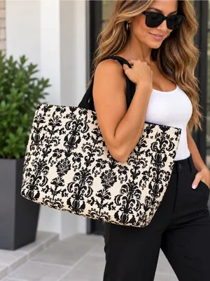 Canvas Damask Tote Bag in Black and Cream thumbnail 1
