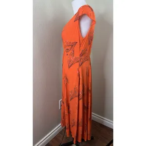 Free People Dress Sz 6 V Neck Orange Red Botanical Long Flutter Cap Sleeve Boho thumbnail 8