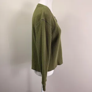 Madewell Womens Olive Green Waffle Knit Notch Neck Thermal Top Size Medium thumbnail 3