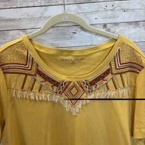 Rebecca Malone Womens XL Top Southwestern Yellow Embroidered Boho Tassel Fringe thumbnail 3