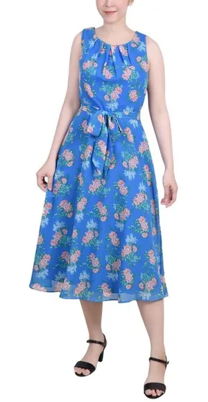 NWT Ny Collection Petites Chiffon Printed Midi Dress Bright French Blue Melon PM thumbnail 1