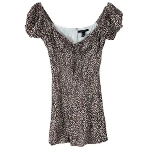 Womens Leopard Print Mini Dress Brown Animal Puff Sleeve Tie Front Size S thumbnail 2