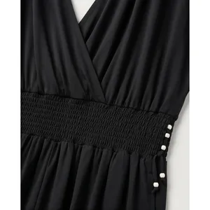 Black V-Neck Smocked Waist Harem Jumpsuit with Pockets thumbnail 3