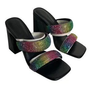Open Edit Black Rainbow Rhinestone Square Toe‎ Block Heel Mules Slide  Size 8M thumbnail 1