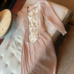 Ricki Lang for Nuit Vintage Champagne Pleated Tapestry Floral LS Dress Size 12 thumbnail 2