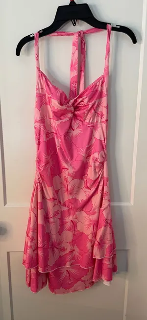 Pink Hibiscus Floral Halter Tiered Dress Size Small thumbnail 1