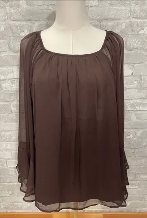 LOFT Chocolate Brown Sheer Long-Sleeve Peasant Top thumbnail 1
