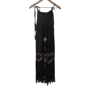 Anthropologie Maxi Dress Med Black Embroidered Boho Tie Strap Flowy Relaxed Fit thumbnail 5