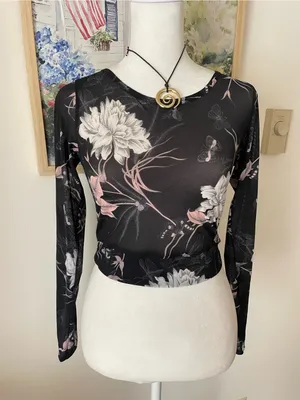 Victoria’s Secret Mesh Sheer Butterfly Black Floral Long Sleeve Top Whimsigoth thumbnail 2