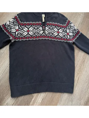 VTG L.L. Bean Cotton Quarter Zip Sweater Red White Navy Fair Isle Cottage Size M thumbnail 3
