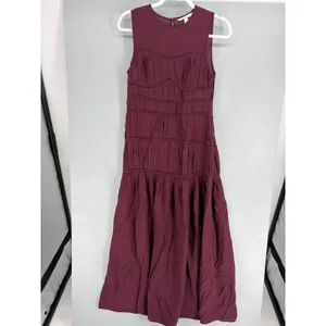 H&M Womens Dress Burgundy Tiered Pleated Sleeveless Midi Small thumbnail 2
