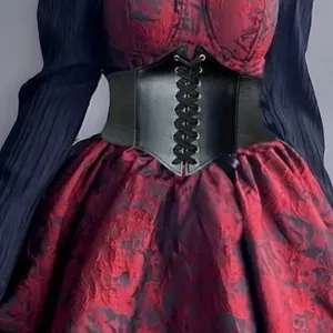 Plus‎ Size Black Vintage Style Lace Up Faux Leather Elastic Back Closure thumbnail 3
