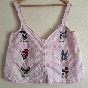 Lyrebird Pink Cottagecore Cotton Sleeveless Embroidered Lace Button Down Top L thumbnail 1