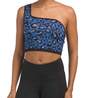 Free People Movement Free Throw One Shoulder Crop Top Spotted Leopard Blue XS/S thumbnail 1
