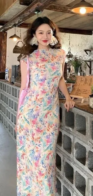 Romantic Watercolor Floral Pleated Maxi Dress Set With Slip Fits Like S new thumbnail 1
