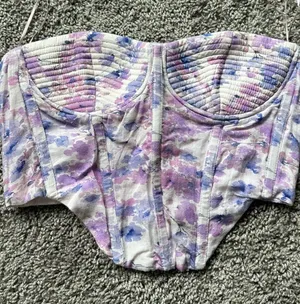 Bardot Floral Corset Crop Top in Lavender, Blue and White thumbnail 1