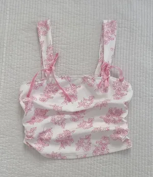 pink and white floral chinoiserie velvet bow tank top thumbnail 1
