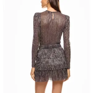 Sabina Musayev Purple Tiered Ruffle Mini Dress XS Plisse Metallic Cocktail $285 thumbnail 3
