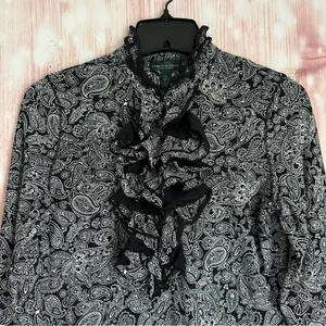 Lauren Ralph Lauren Black White Paisley Ruffle Front Long Sleeve Blouse Sz S thumbnail 3