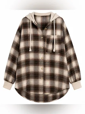 American Eagle Brown Plaid Hooded Flannel Shacket Women’s Small thumbnail 2