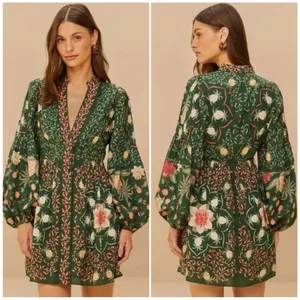 FARM Rio Green Pineapple Garden Long Sleeve Mini Dress M thumbnail 2