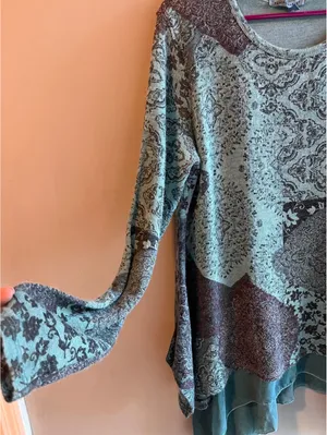 Tempo Paris Patchwork Asymmetrical Tunic Top | Sage Green Floral Layered Boho thumbnail 4