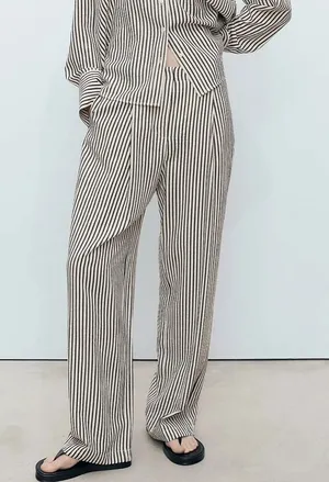 Mango elasticated waist staight wide leg stripe pants in mono stripe size large thumbnail 1