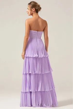 A-Line Sweetheart Tiered Floor Length Chiffon Lilac Bridesmaid Dress thumbnail 2