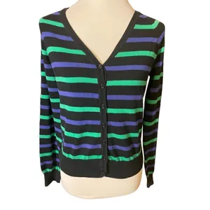 XXI Womens Cardigan Sweater Stripe Long Sleeve Button Front V Neck Blue Large thumbnail 2