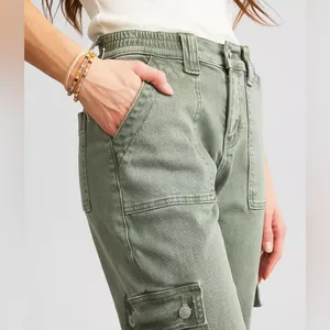 VERVET Buckle Green Stretch Cargo Y2K High Rise Wide Leg Pant Streetwear Size 24 thumbnail 3