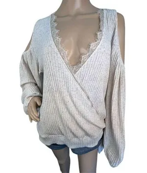 Blu Pepper Beige Deep V Wrap Slouchy Sweater And Exposed Shoulders thumbnail 1
