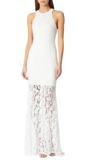 Aura RED DRESS White Lace Halter Neck Maxi Dress Sheer Split Hem Size XS thumbnail 1