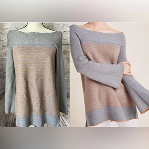 Anthropologie Womens Sweater S Elise‎ Grey Striped Tunic Ribbed Casual thumbnail 2