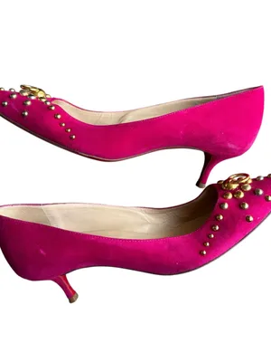 Christian Louboutin - Pink Suede Studded Pointed Toe Kitten Heel Pumps Sz 37 thumbnail 8