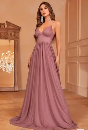 Pink Ruched Maxi Gown with Spaghetti Straps for Prom thumbnail 1