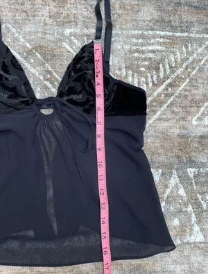 Victoria's Secret Black Cami Bra Babydoll Top M Devore Velvet Chiffon Whimsigoth Dark Fairy thumbnail 8