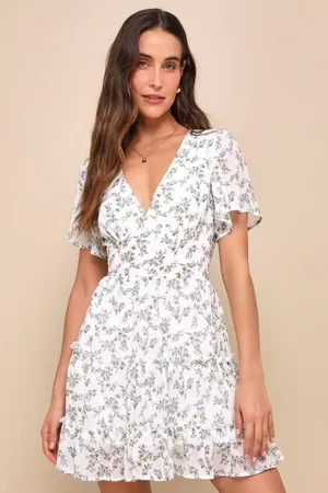 NWT Lulus So True White Floral Print Tiered Short Sleeve Mini Dress Casual Sz L thumbnail 1