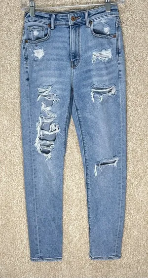 American Eagle Mom Jeans distressed size 00 regular juniors denim cotton‎ blend thumbnail 1