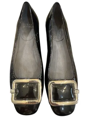 Stuart Weitzman Black Patent Ballet Slippers‎ Size 6.5 Silver Buckle 1/2" Heel thumbnail 1