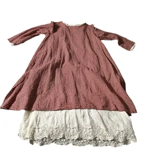 Red Gingham Long Dress with Lace Hem, put to pit 20", length 44" thumbnail 2