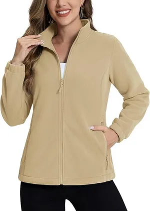 NWT ~ Women's Tan Full Zipper & Zip Pockets Fleece Jacket Top ~ MEDIUM thumbnail 1