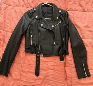 Windsor Windsor Black Faux Leather Belted Moto Jacket with Silver Hardware thumbnail 1