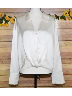 Sanctuary Ivory Button Front Collared Silky Blouse Top Size L V-Neck Career thumbnail 7