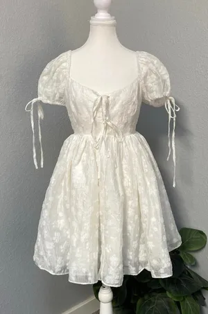 Mable White Floral Poofy Mini Dress Front Tie Puff Sleeves Coquette Y2k thumbnail 1