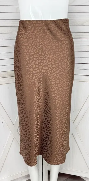 Mi Ami Francesca’s Satin Animal Print High Waist Midi Slip Skirt‎ Brown Small thumbnail 1