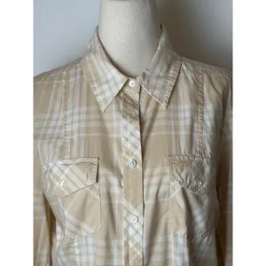 Banana Republic Button Down Shirt Women Medium Tan Plaid Cotton Top Preppy thumbnail 7